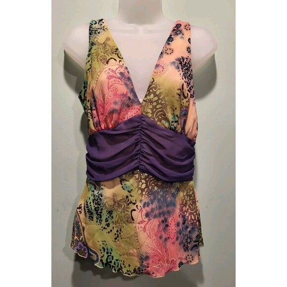 Bisou Bisou Y2K Sleeveless Chiffon Babydoll V Neck Top Purple Green Sz 4 Fairy - Picture 1 of 6